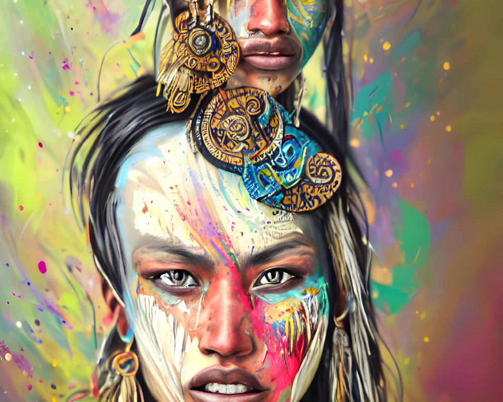 Colorful background with individuals in intricate facial paint and ornate earrings