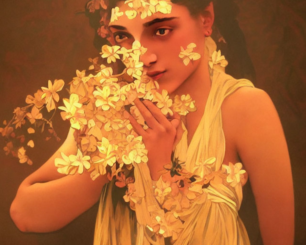 Dark-haired woman with white flowers in golden fabric on warm background