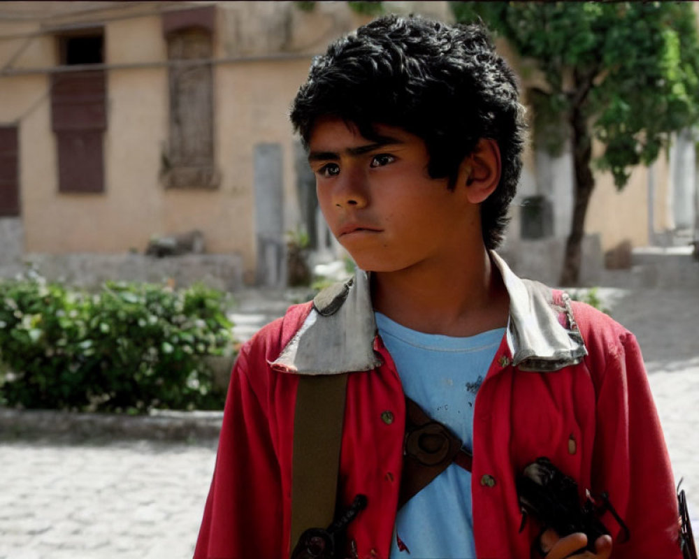 Young boy in red jacket on sunlit cobblestone street