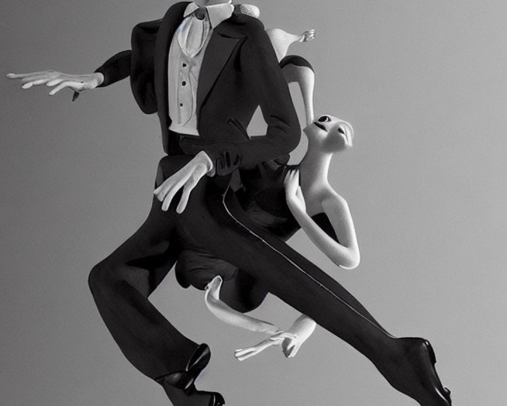 Monochrome illustration: Male figure in top hat and tuxedo dancing with limp female.