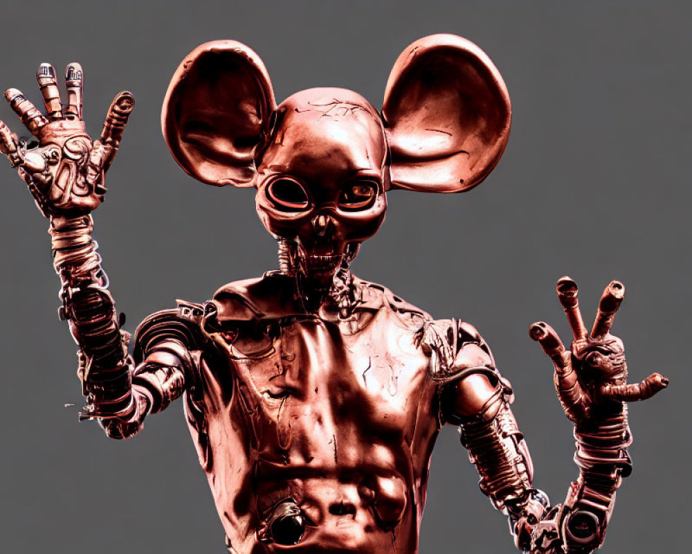 Metallic humanoid robot with large ears gesturing on grey background