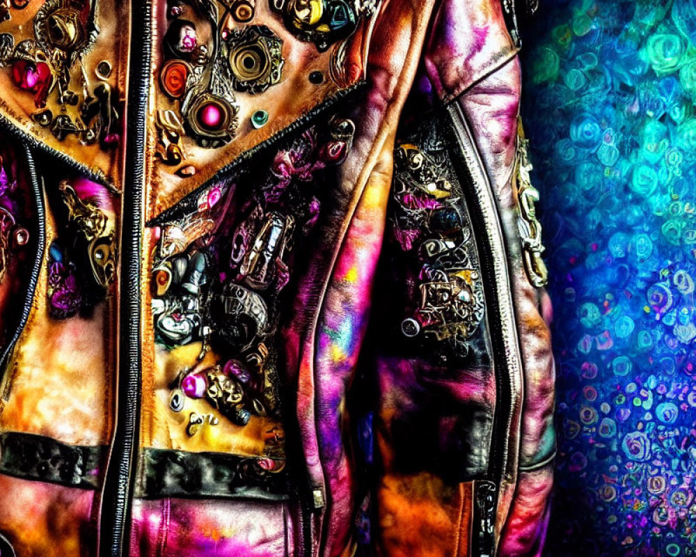 Colorful Steampunk Style Leather Jacket on Person Against Bokeh Background