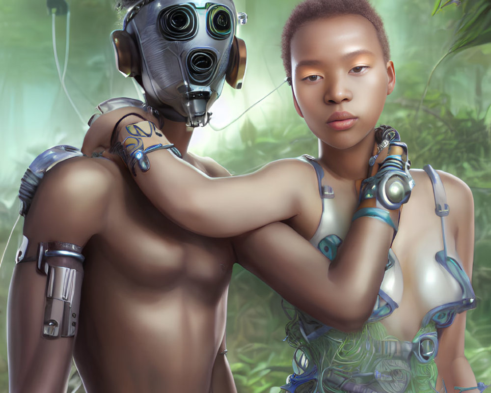 Futuristic cybernetic figures in misty jungle setting