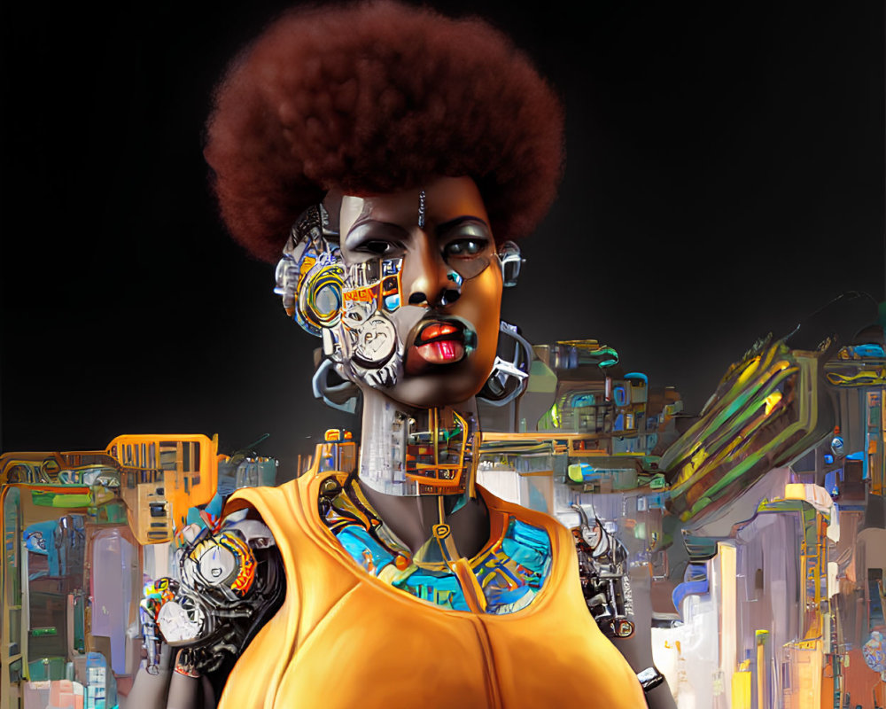 Cybernetic woman with afro hairstyle in futuristic cityscape