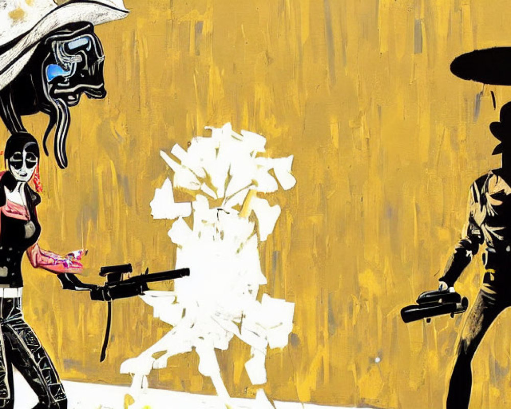 Stylized Western duel: skeletal cowboy vs. shadowy figure on yellow background