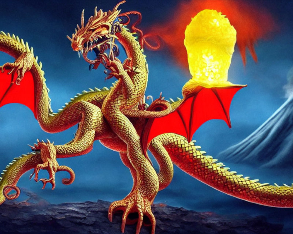 Golden multi-headed dragon with red wings in front of fiery orb and erupting volcano under dark sky