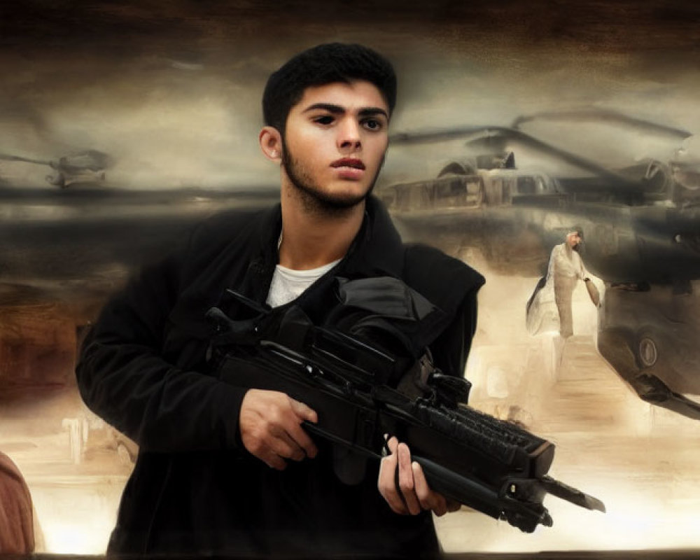 Young man with rifle and girl in war-torn scene with helicopters and soldiers
