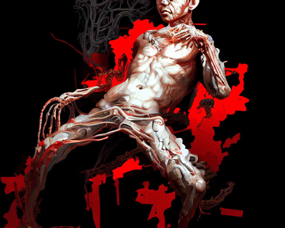 Digital Art: Macabre Humanoid Figure with Exaggerated Skeletal Features and Grotesque