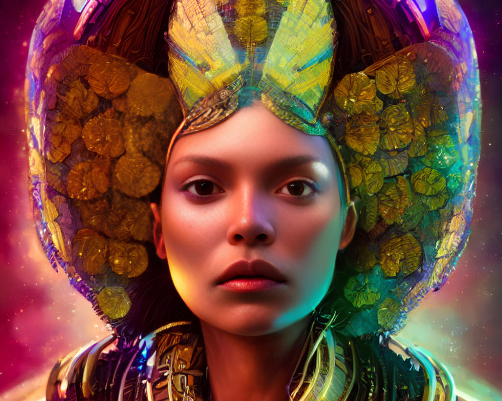 Futuristic digital art portrait of a woman with golden headdress