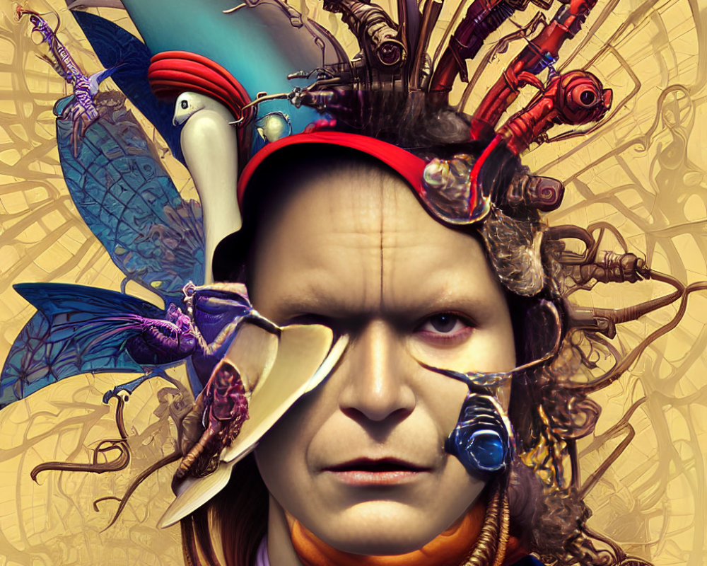 Whimsical surreal portrait with butterfly, mechanical hat, and abstract background