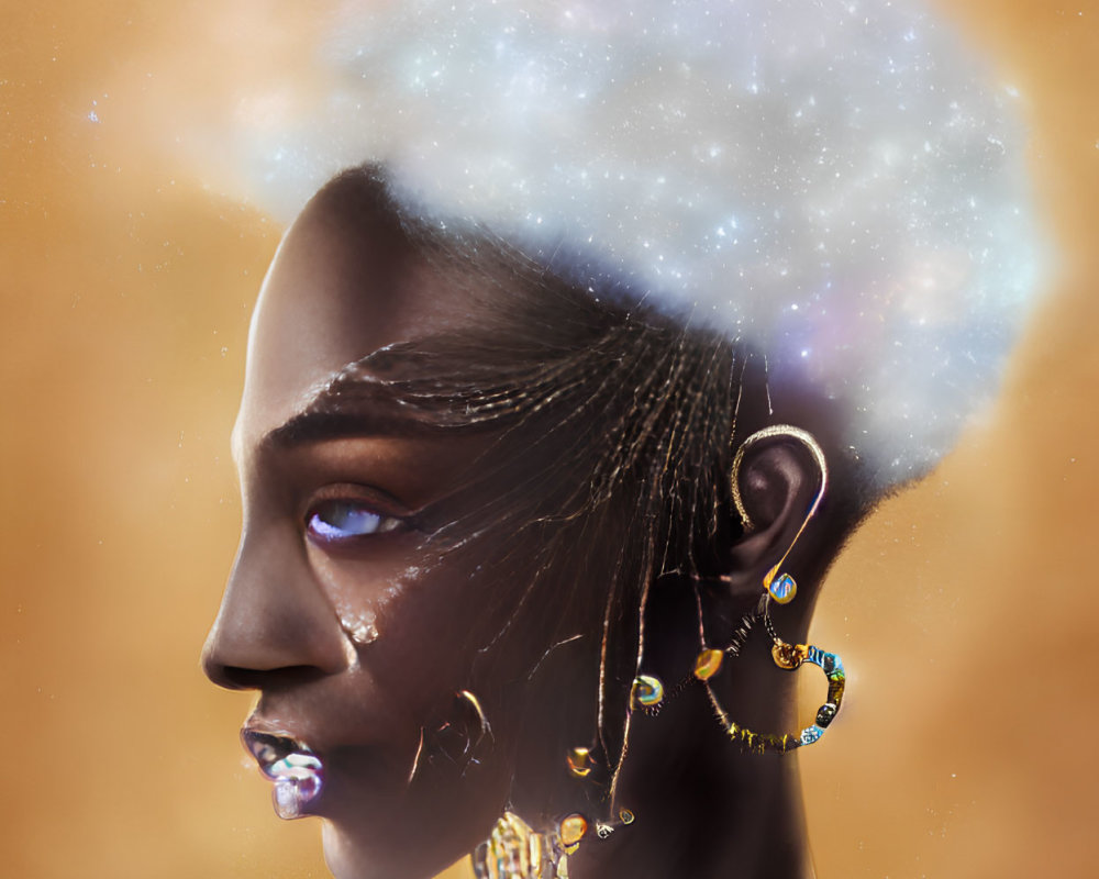 Woman with Galaxy-Themed Hair and Golden Jewelry on Warm Background