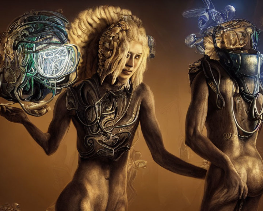 Two humanoid figures with body paint and futuristic helmets linked by tubes on warm-toned background.