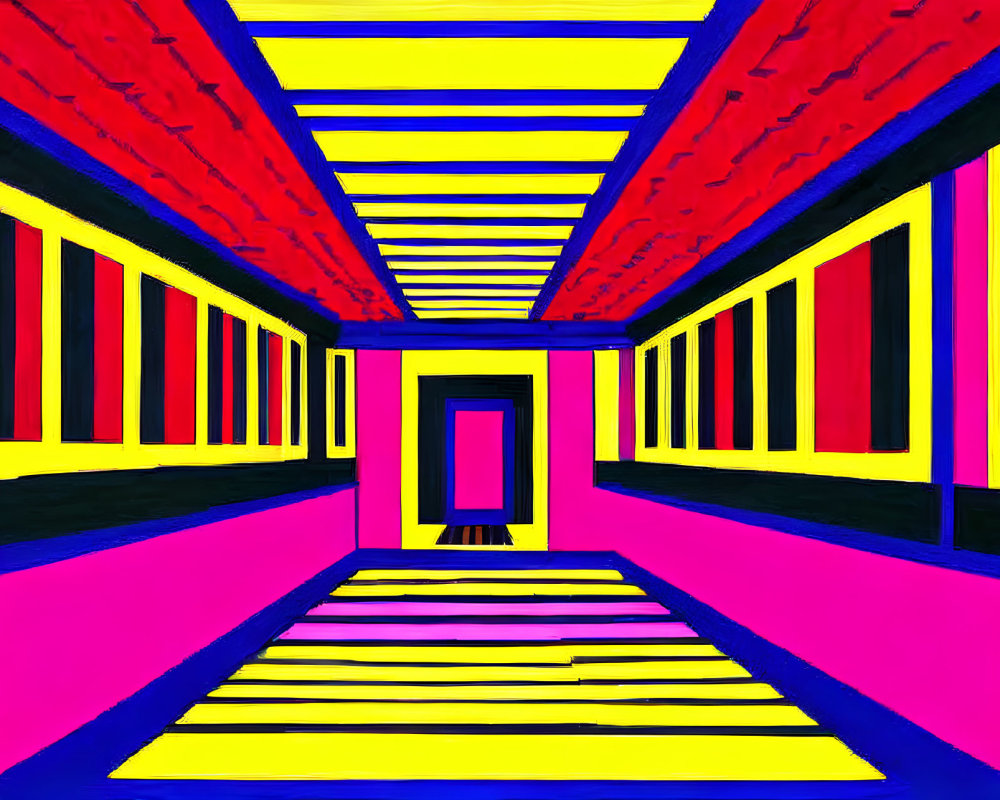 Colorful Digital Art: Corridor with Yellow, Pink, Black, Red, and Blue Theme