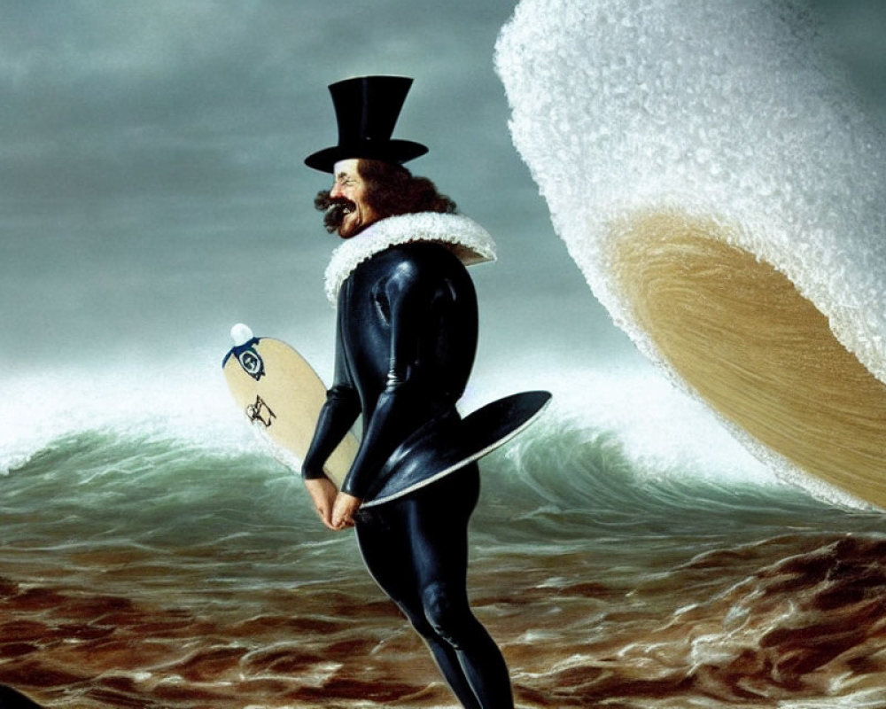 Bearded man in top hat and wetsuit with surfboard on beach with looming wave