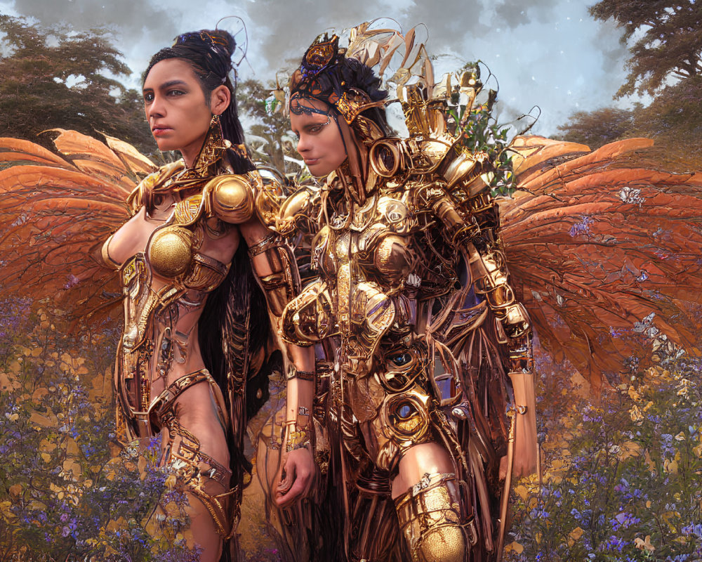 Two Women in Golden Armor with Mechanical Wings Among Purple Flowers