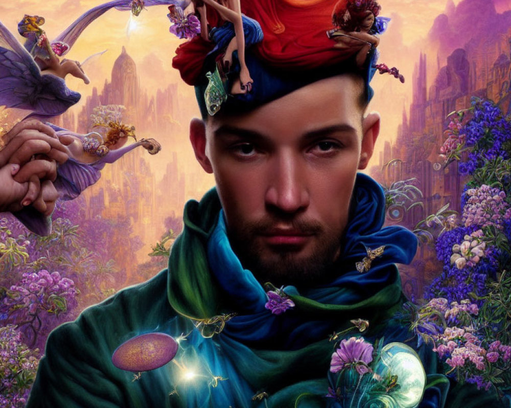 Colorful wildlife, fairies, and flowers in a magical portrait