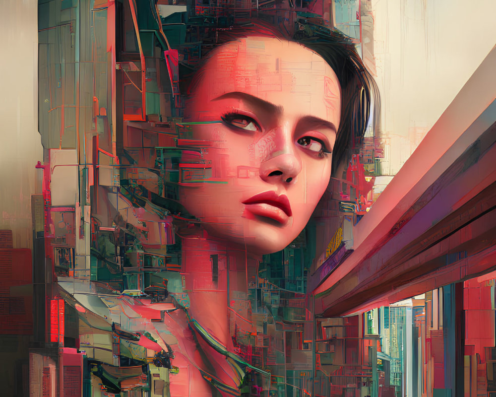 Digital Artwork: Woman with Futuristic Cityscape Integration