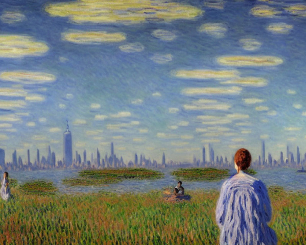 Impressionist-style painting of people in green field with city skyline under blue sky.