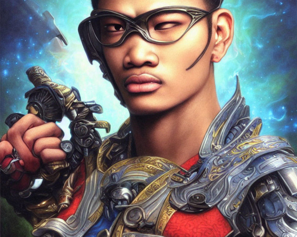 Futuristic warrior in stylized glasses and robotic armor against cosmic backdrop