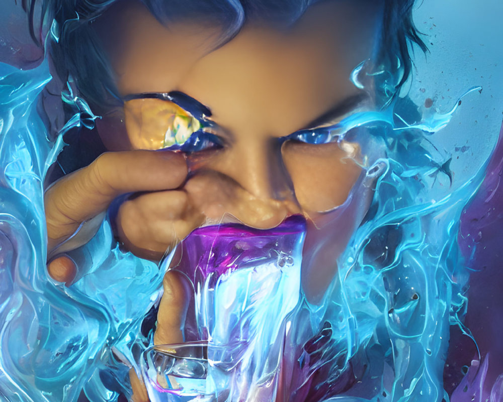 Vibrant blue-haired person sipping from purple glass in swirling blue energy.