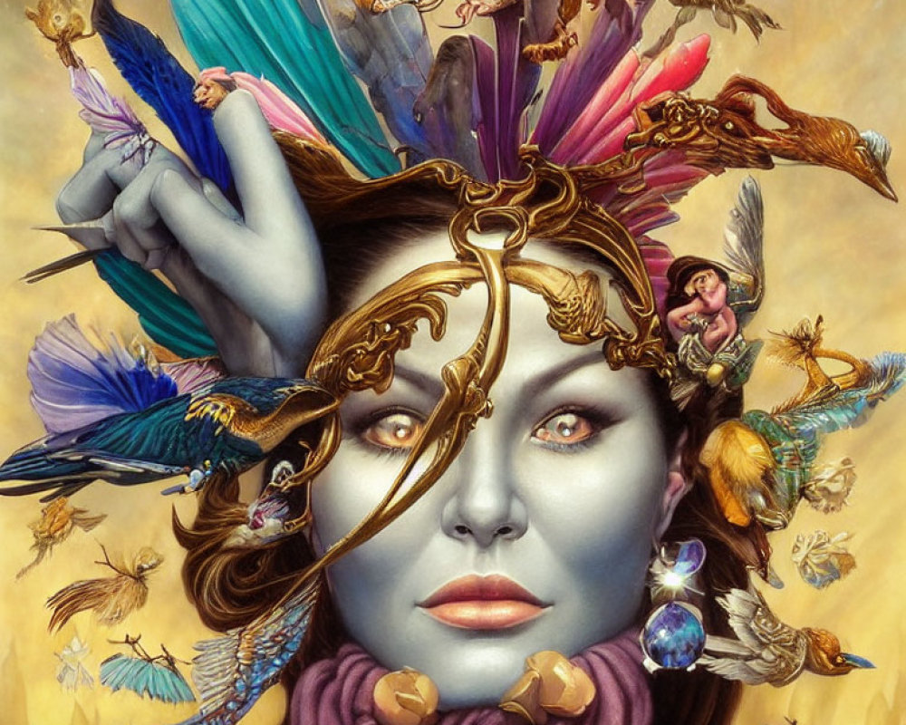 Colorful portrait of a woman with two-faced mask and fantasy creatures