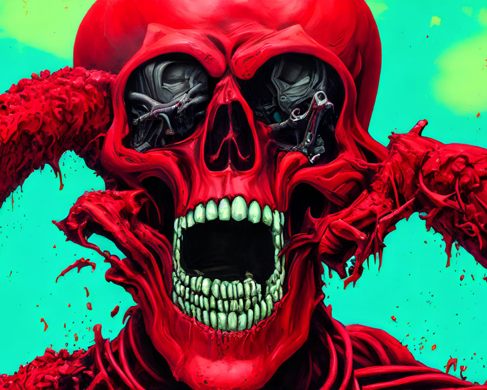 Digital Artwork: Red Skull with Humanoid Figures on Turquoise Background