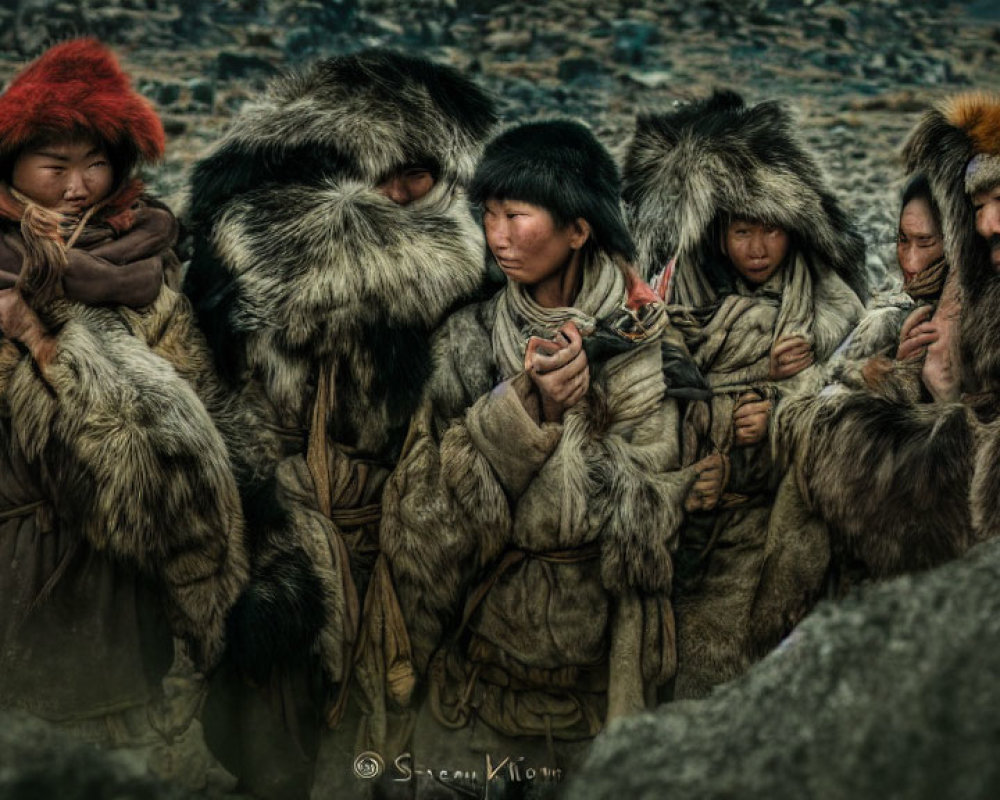 Group of People in Heavy Fur Coats Against Barren Landscape