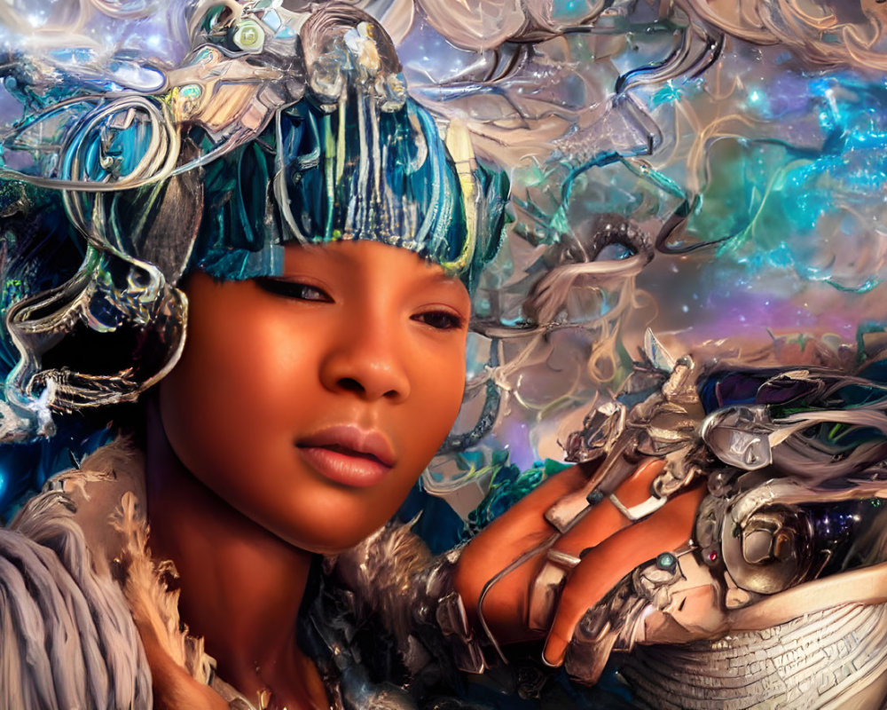 Futuristic silver-adorned woman against cosmic backdrop