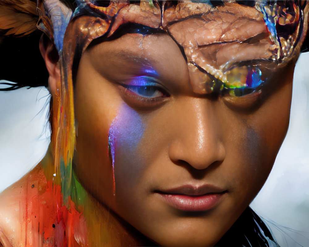 Rainbow face paint person with horned headdress under cloudy sky