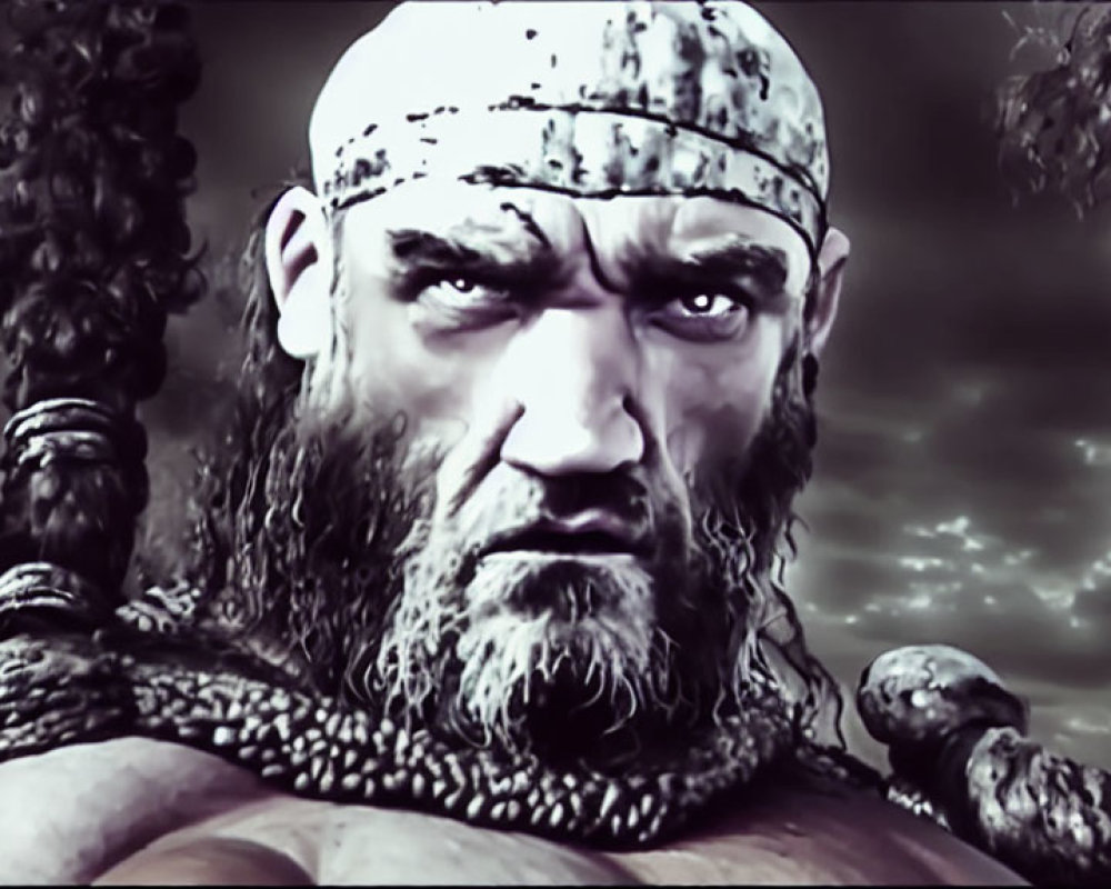 Bearded warrior with headband in intense gaze against cloudy background