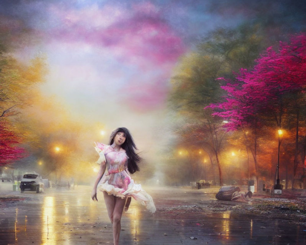 Woman in flowing dress running on wet street under colorful sky