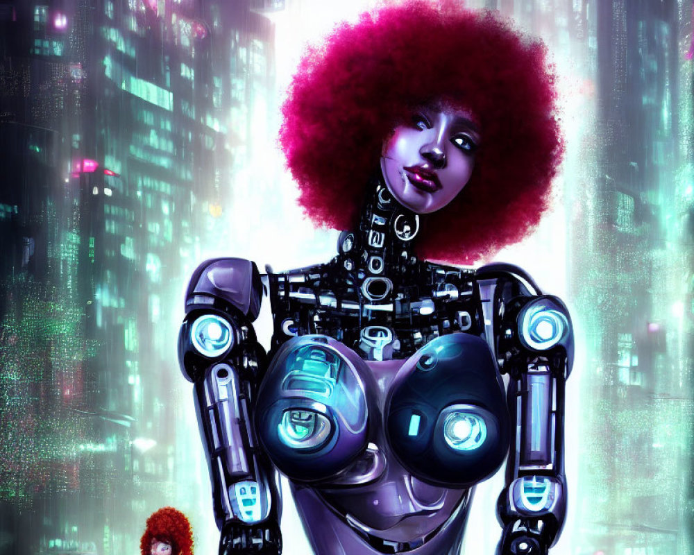 Futuristic female android with red afro and electronic circuitry in cyberpunk cityscape