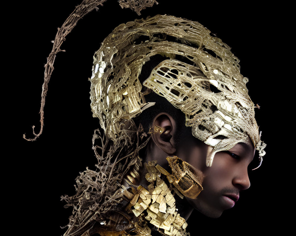 Dark-skinned person in ornate golden headpiece and armor on black background