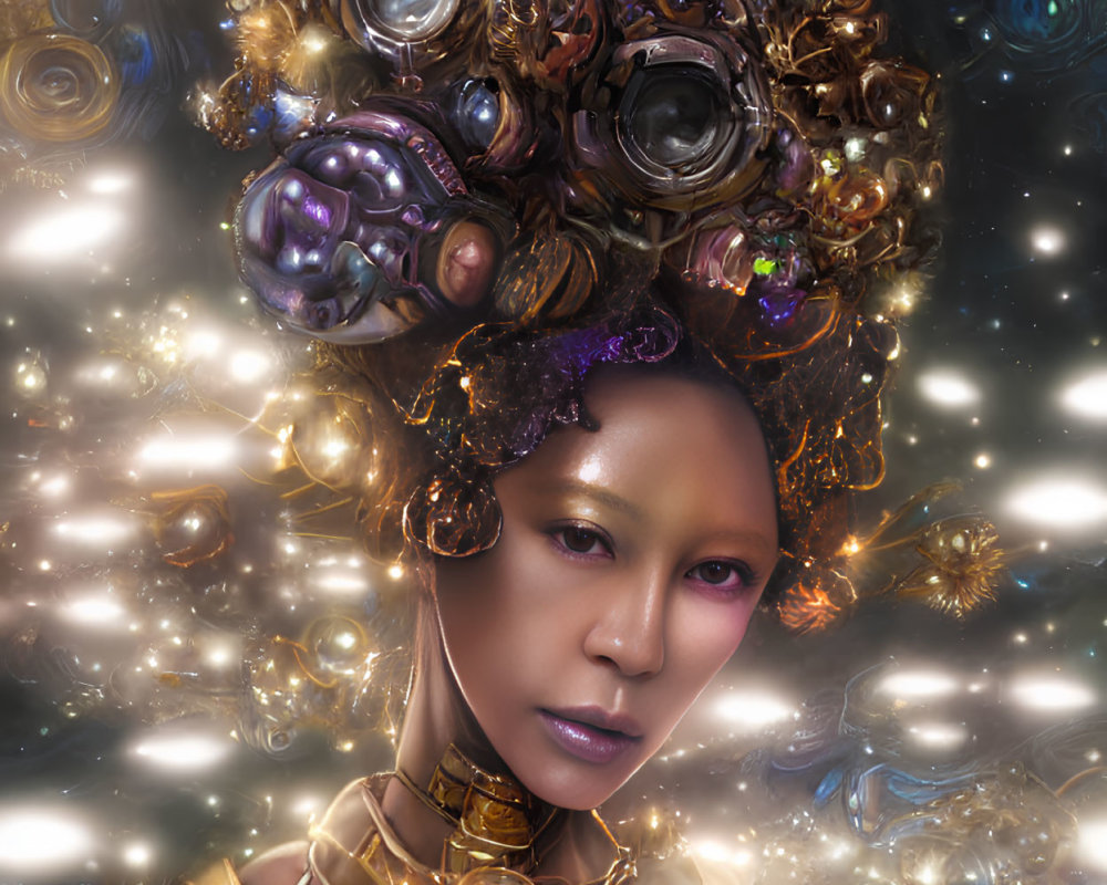 Woman portrait with mechanical headdress on cosmic backdrop