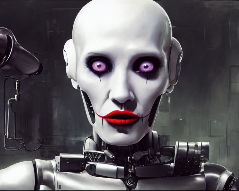 Humanoid robot with bald head, purple eyes, and red lips on industrial backdrop