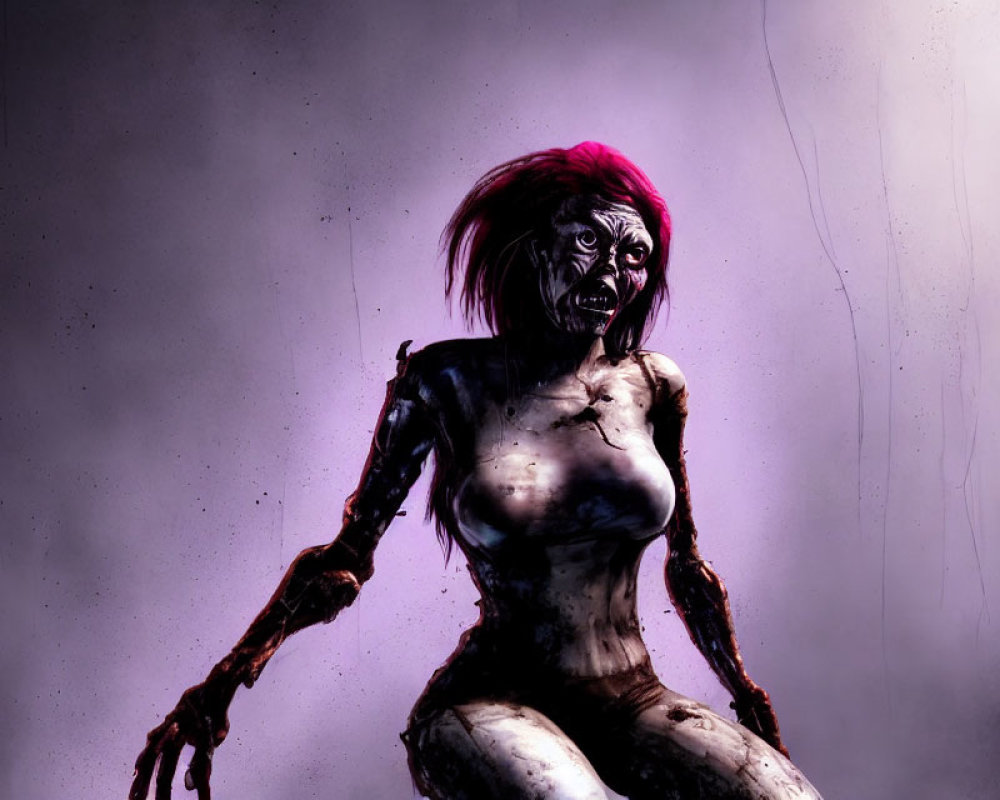 Digital artwork: Eerie humanoid creature with glowing red eyes and pink hair.