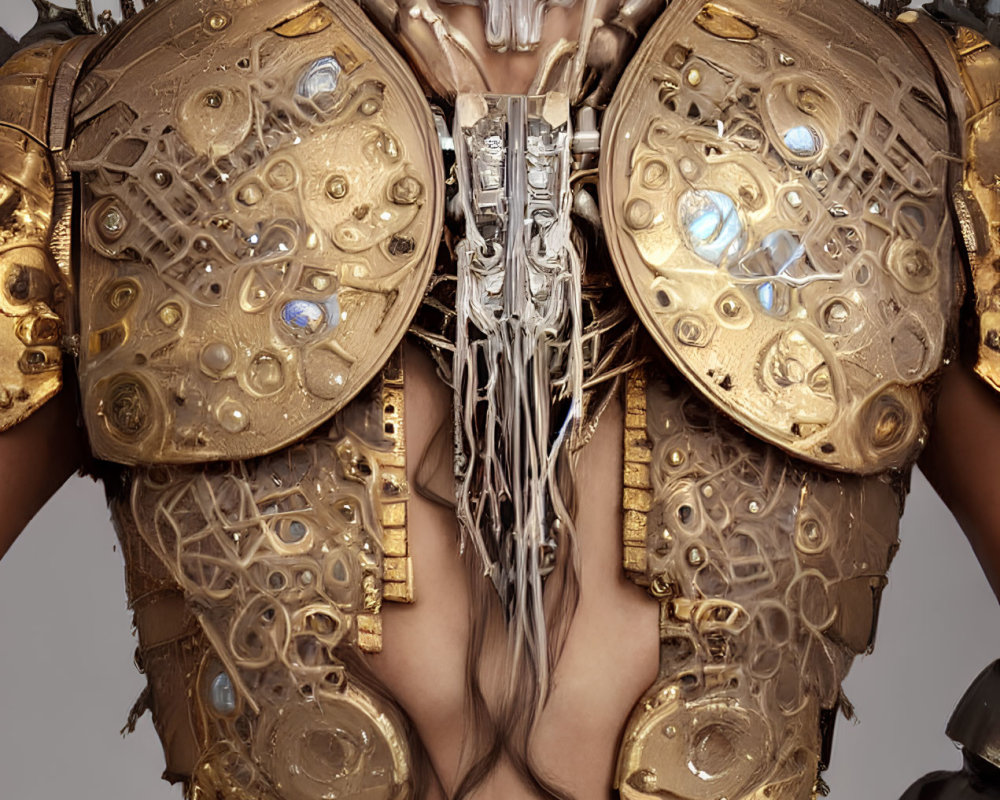 Elaborate steampunk-inspired mechanical armor with gold tones