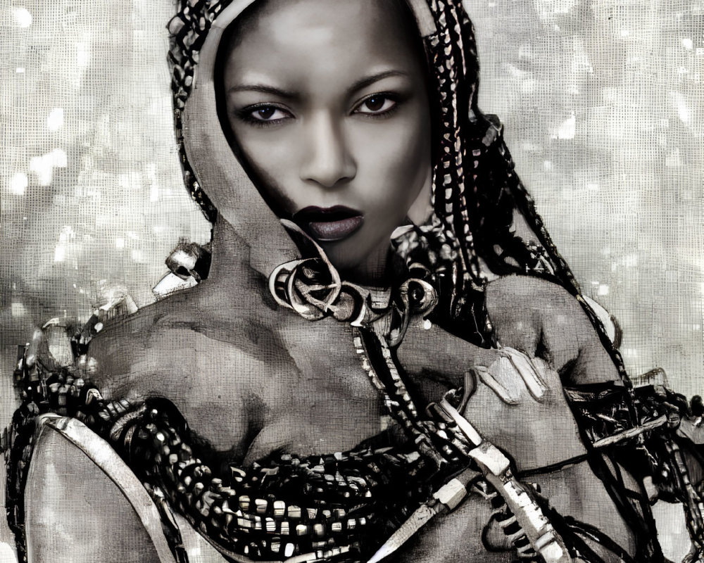 Monochrome portrait of woman in tribal-inspired attire on speckled backdrop