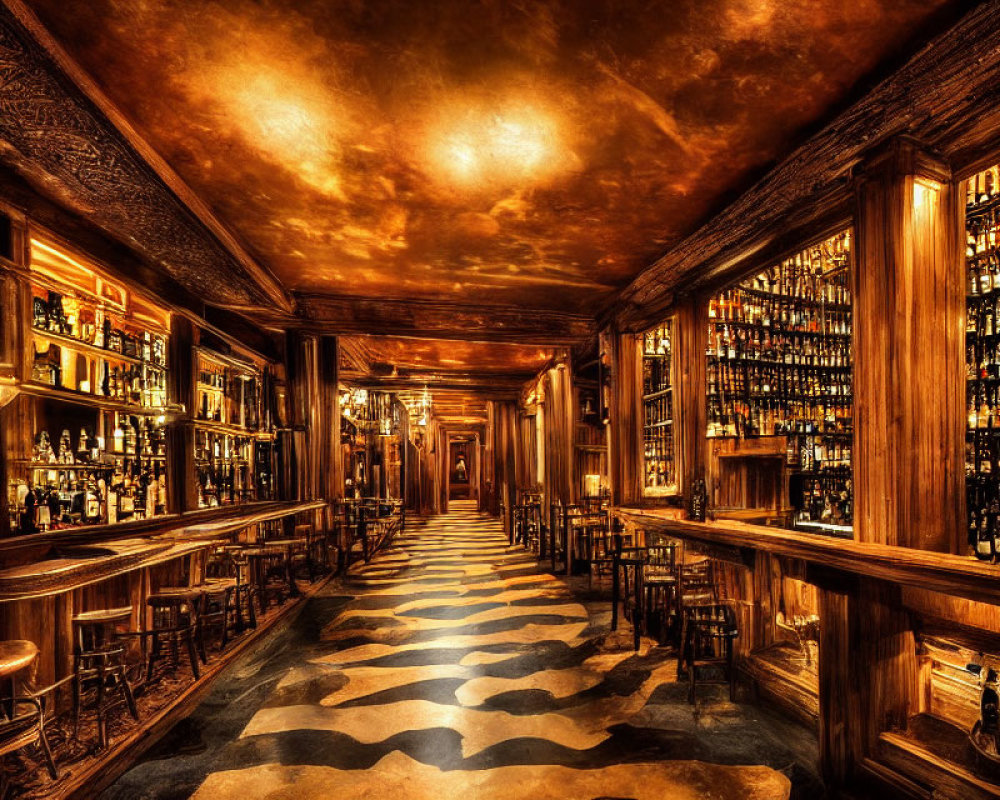 Sophisticated Warm-Toned Bar with Wooden Paneling and Patterned Rug