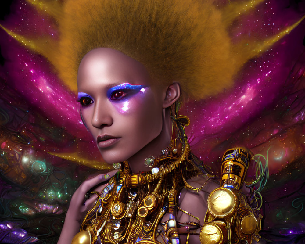 Futuristic woman in metallic gold armor with vibrant purple eye makeup