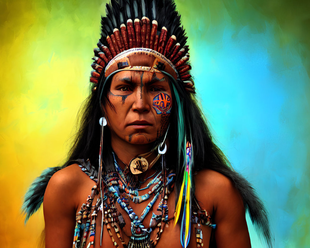 Native American person in ceremonial attire with feathered headdress and painted face on colorful background