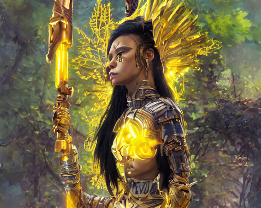 Elaborate Gold Armor Warrior Woman in Forest with Glowing Aura