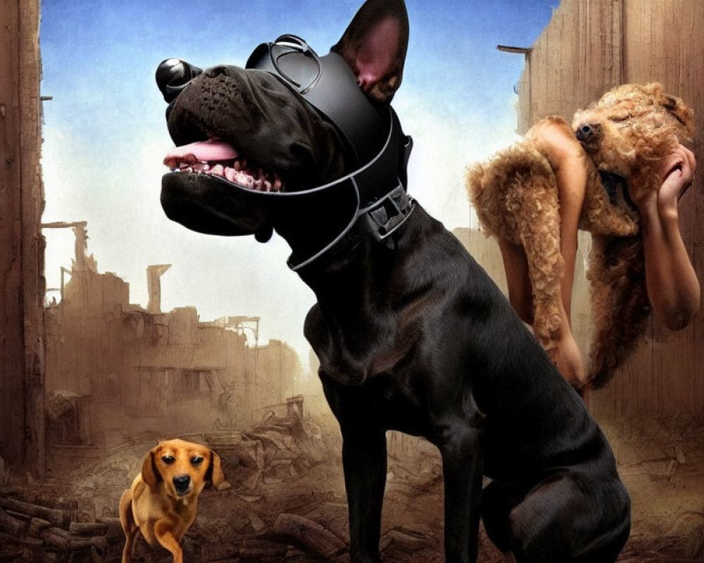 Giant black dog with headset barking near human, small brown dog, dystopian background