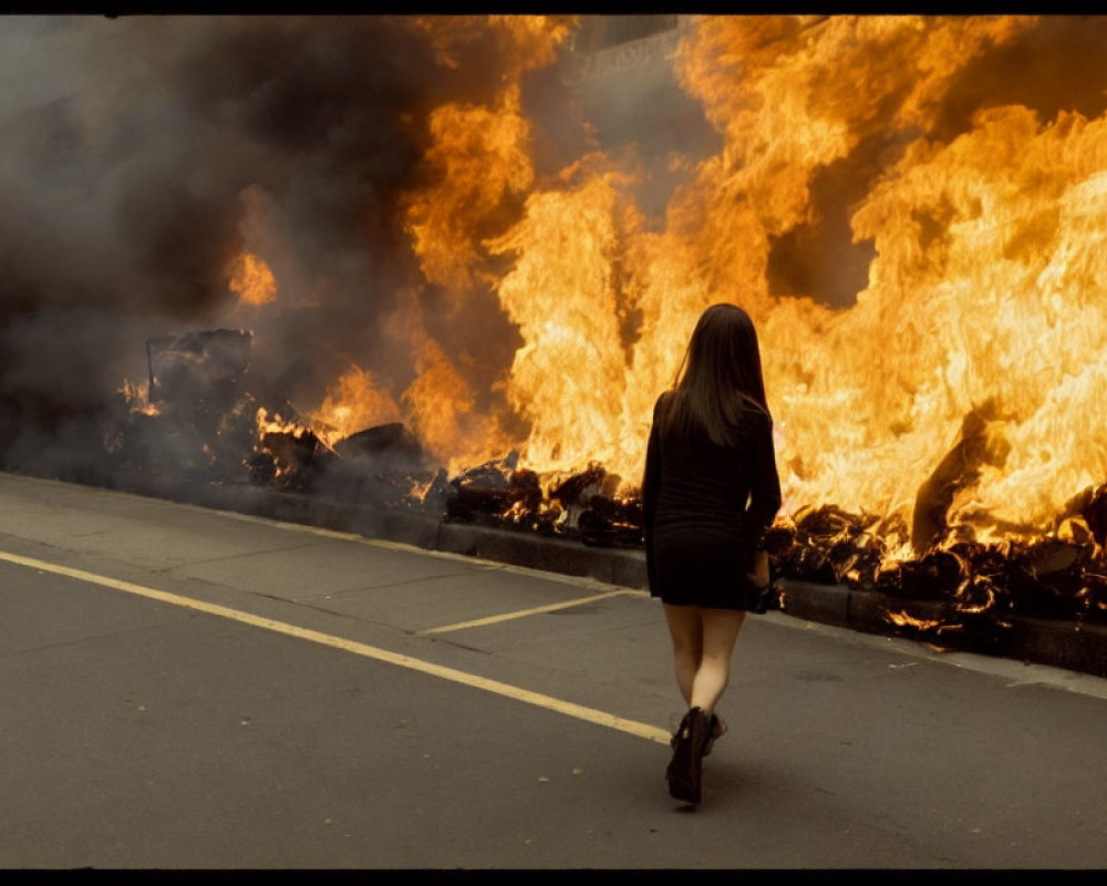 Person walking towards raging fire on road with thick smoke.