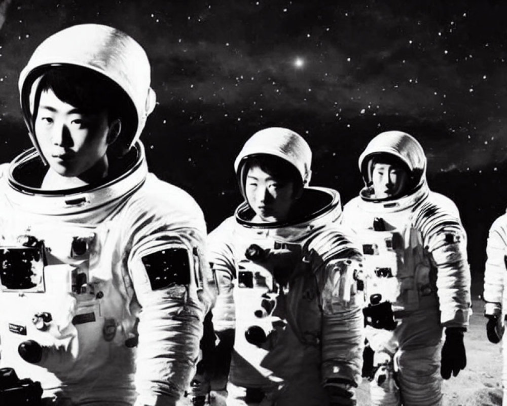 Four astronauts on lunar surface with stars in background