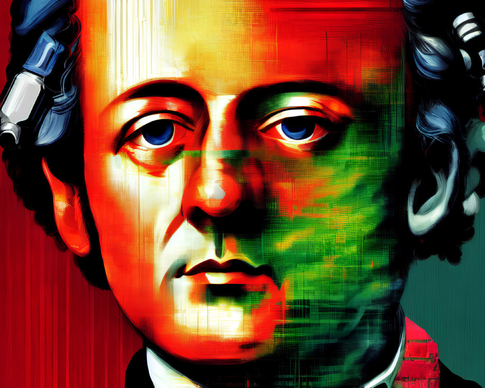 Vibrant red and green artistic portrait of Mozart with headphones