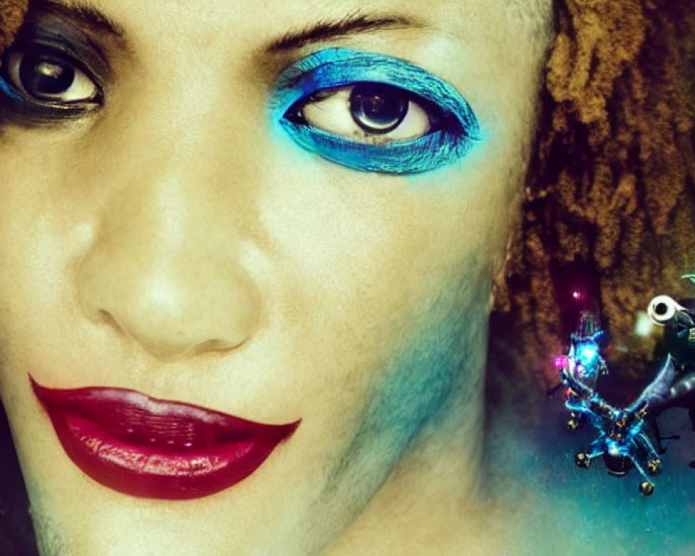 Person with Bright Blue Eyeshadow, Red Lipstick, & Cybernetic Eye Makeup