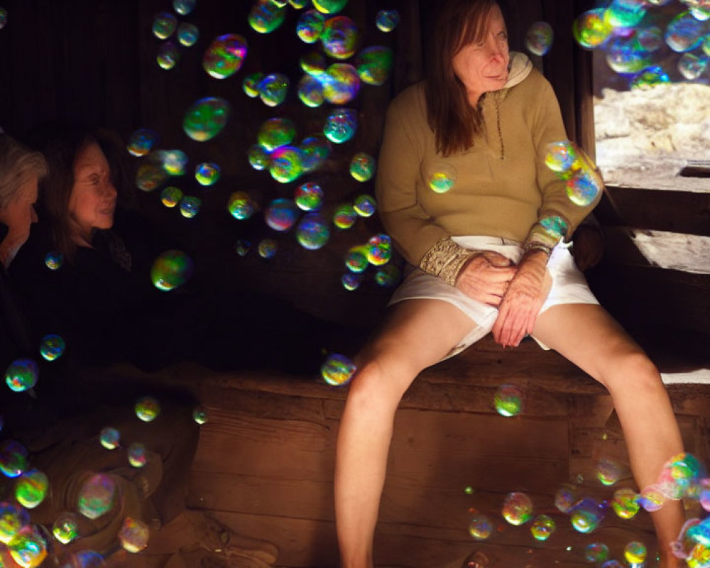 Three Individuals Surrounded by Floating Bubbles in Dimly Lit Wooden Space