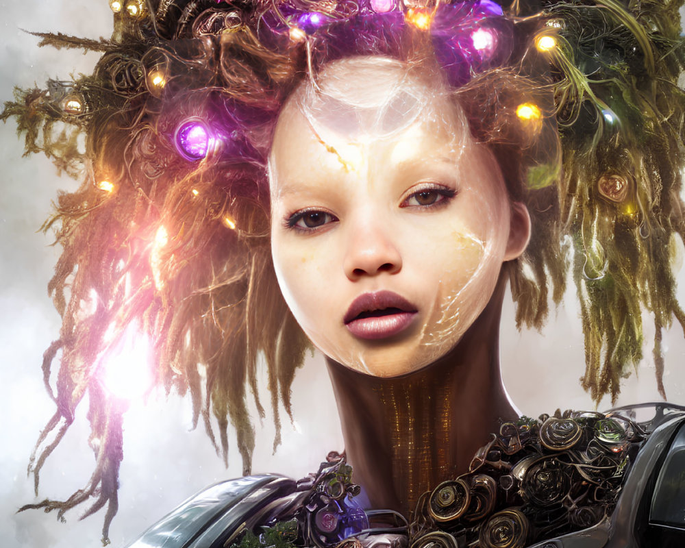 Portrait of a woman with illuminated orbs, tree branches in hair, mechanical details, dreamlike atmosphere