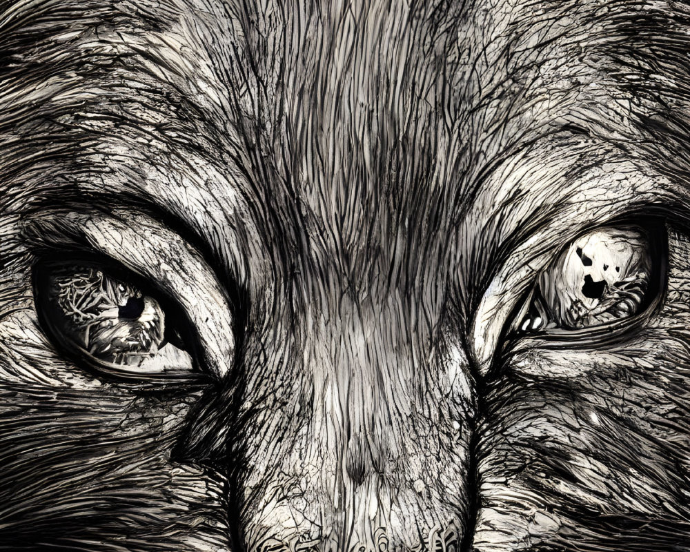 Monochrome cat face illustration with intricate lines and intense eyes